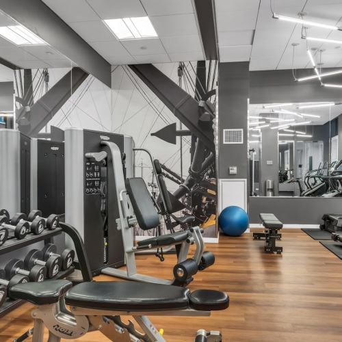 Resident fitness center free-weight area with benches and strength-training equipment for a flexible workout routine.