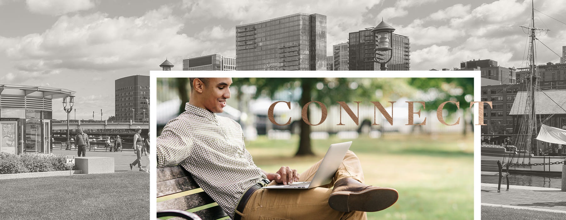 collage of man sitting on park bench looking at his laptop with secondary image of Atlantic Wharf Waterfront in the background