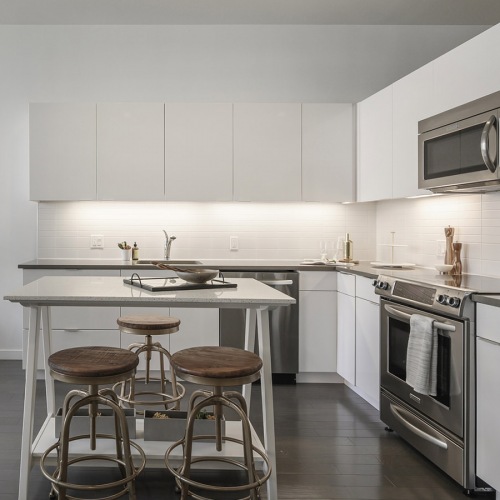 bright, open kitchen with island counter