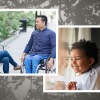 collage of images, man in wheelchair talking and laughing with young woman sitting on a park bench, father and child looking out a window
