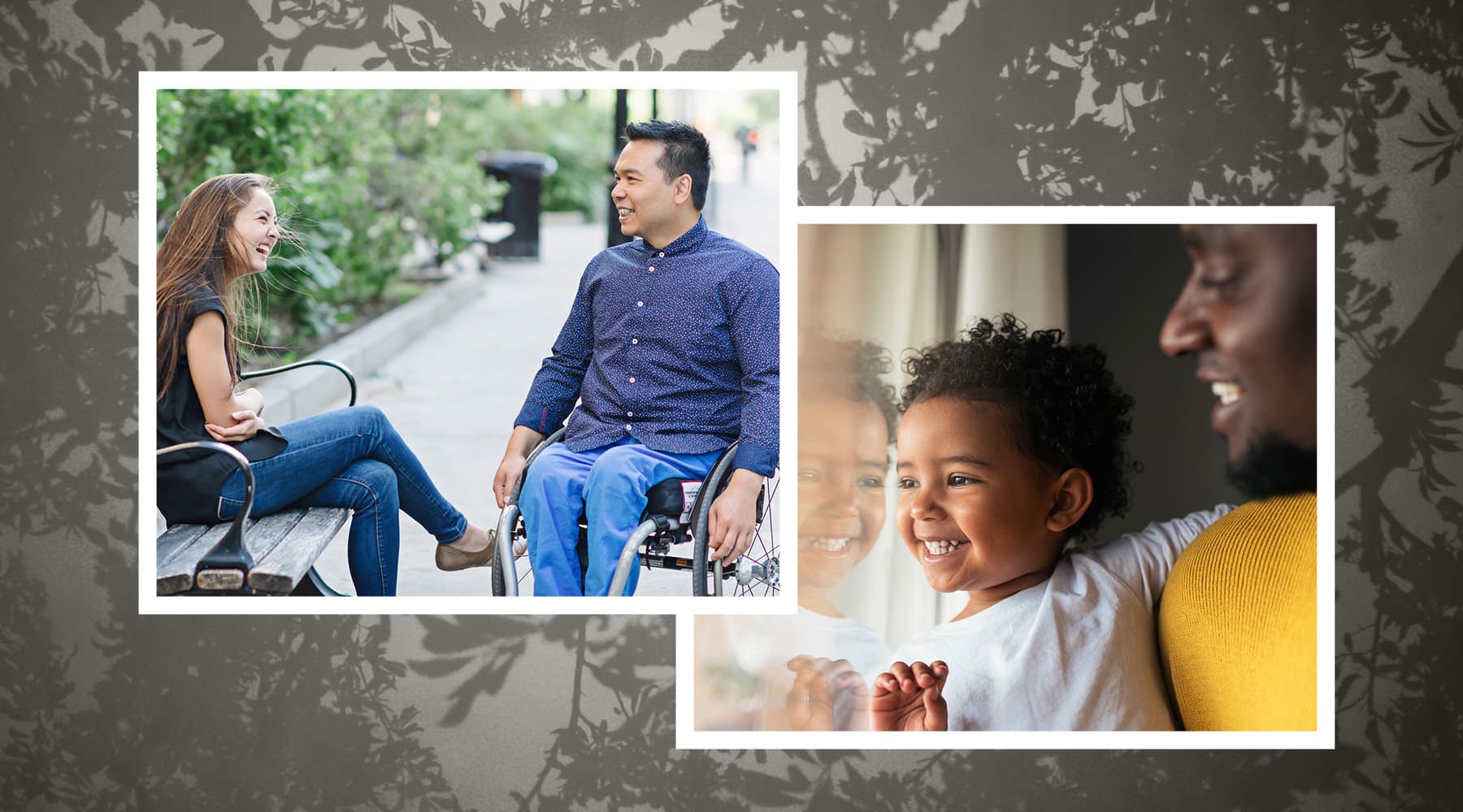 collage of images, man in wheelchair talking and laughing with young woman sitting on a park bench, father and child looking out a window
